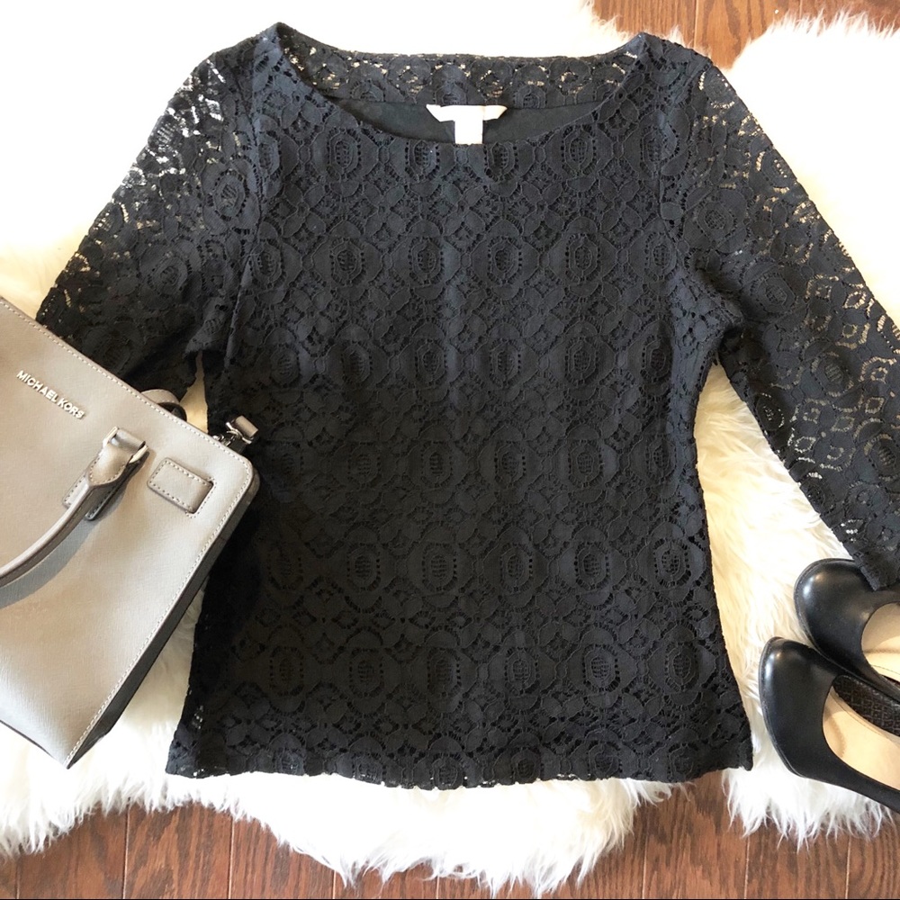 Banana Republic Black Scoop Neck 3/4 Lace Top {4}